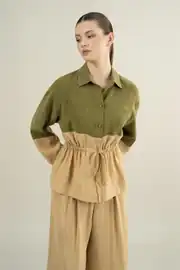 PİLE PANTOLON DETAYLI BELİ BÜZGÜLÜ BLUZ TAKIM 2