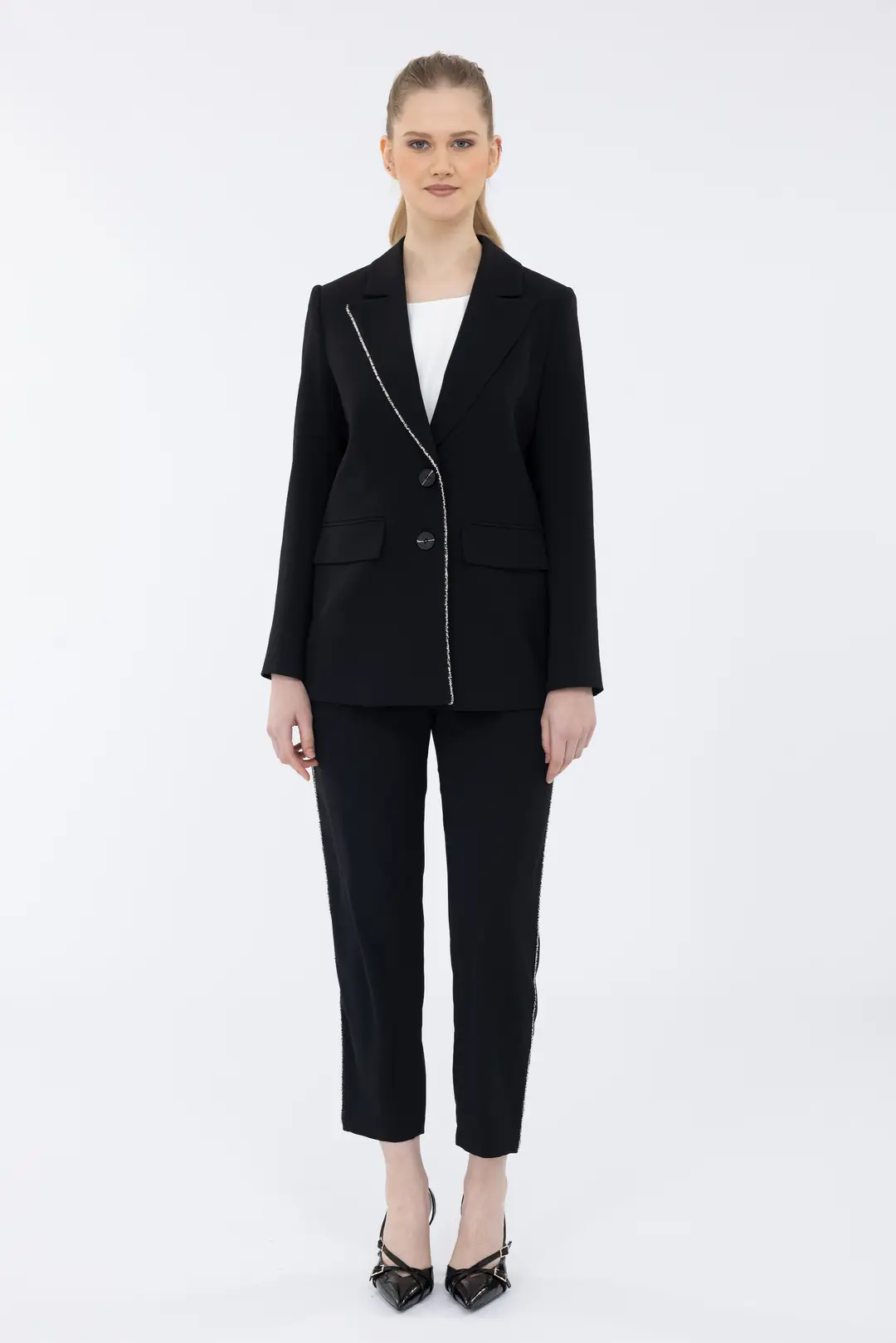 MONO KAPAMA BLAZER CEKETLİ HAVUÇ PANTOLONLU ŞERİT GEÇİŞLİ TAKIM ELBİSE