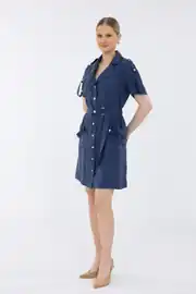 KOL APOLETLİ BELİ KUŞAK KEMER BAĞLAMALI CEPLİ KISA ELBİSE 2
