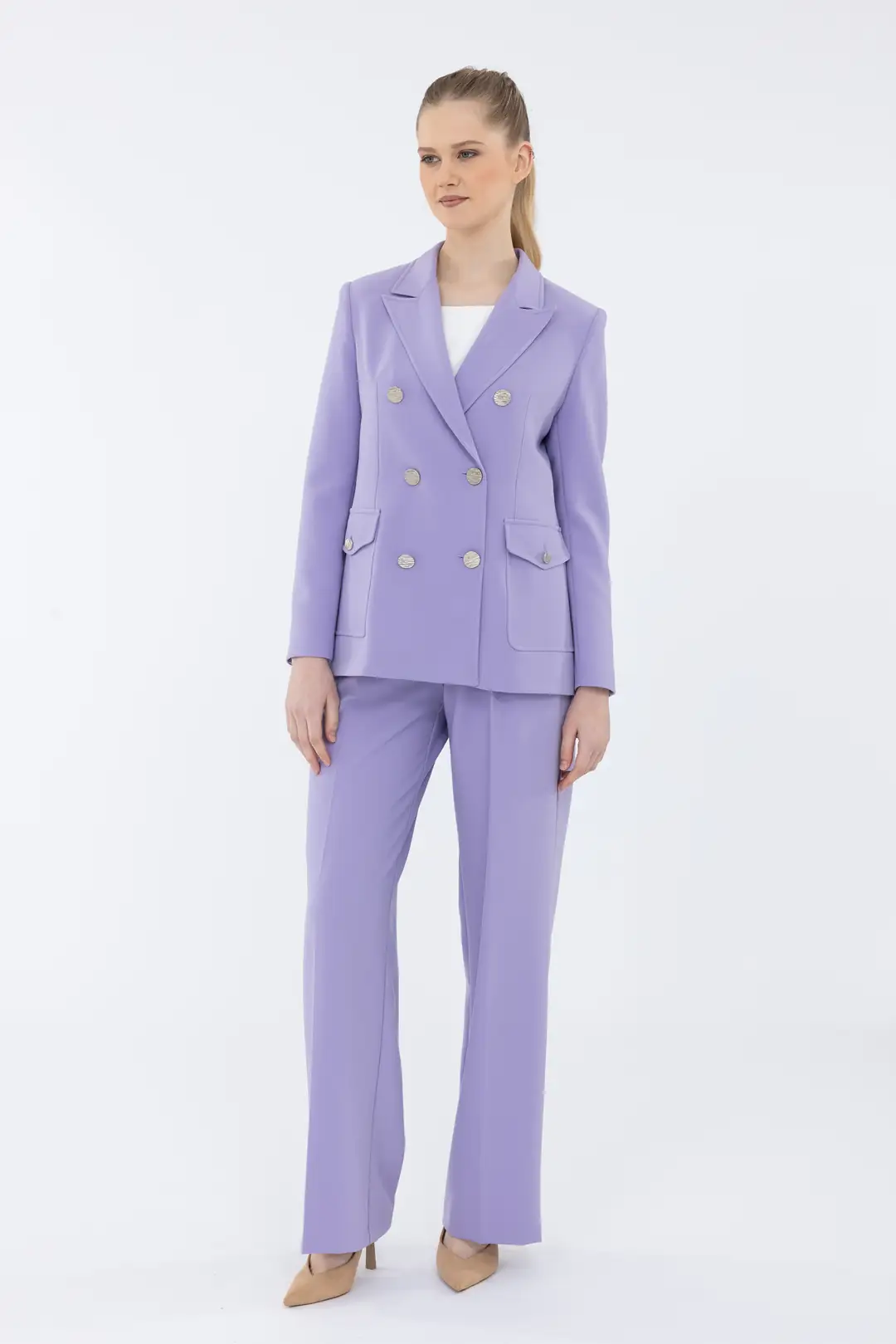 KRUVAZE KAPAMA METAL DÜĞME AKSESUARLI BLAZER CEKETLİ BOL PAÇA PANTOLONLU TAKIM