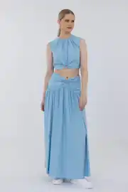 SIFIR KOL BELİ LASTİKLİ KISA BLUZLU KLOŞ ETEKLİ PİERCİNG AKSESUAR DETAYLI TAKIM 1